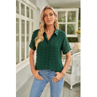 Green Buttoned Swiss Dot Turn-down Collar Short Sleeve Shirt