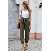 Green Solid Color Frock-style Pants with Belt