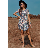 Gray Floral Print Short Sleeve Pleated Mini Dress