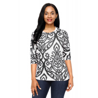 White Black Damask Print Half Sleeve Top