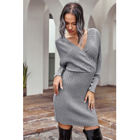 Gray Wrap V Neck Batwing Sleeves Ribbed Sweater Dress