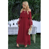 Wine Off Shoulder Embroidered Flared Sleeve Lace Maxi Dress