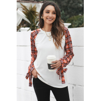 Orange Plaid Patchwork Long Sleeve Top with Cuff Bow