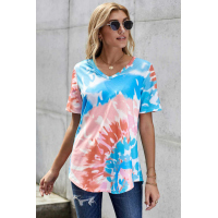 Blue Gradient Tie Dye V Neck T-shirt