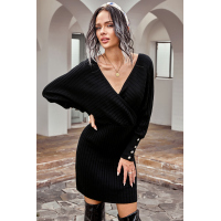 Black Wrap V Neck Batwing Sleeves Ribbed Sweater Dress