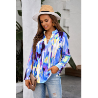 Sky Blue Tie Dye Button Tab-Sleeve V-Neck Blouse