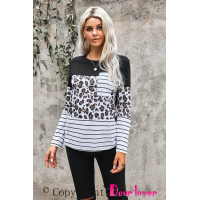 Leopard Striped Patchwork Long Sleeve Top with Pocket