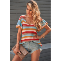 Multi-color Striped Ruffle Short Sleeve Knit Top