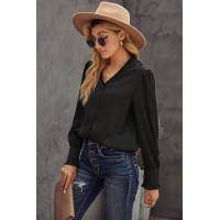 Black Frilled V Neckline Buttoned French Shirt