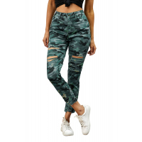 Green Camouflage Hollow out Skinny Jeans with Pocket