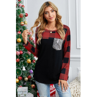 Plaid Print Patchwork Black Long Sleeve Top