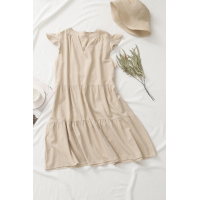 Beige Short Ruffled Sleeve V Neck Tiered Gathered Dress