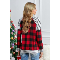 Red Buffalo Plaid Stripe Splicing Long Sleeve Top