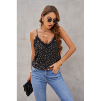 Black Spotted Print Crochet V Neckline Spaghetti Straps Tank Top