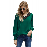 V Neck Lace Patchwork Green Blouse