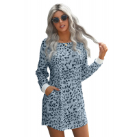 Sky Blue Crew Neck Long Sleeve Leopard Print Mini Dress