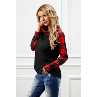 Black Cowl Neck Plaid Splice Casual Long Sleeve Top