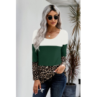 Green Colorblock Leopard Triple Patchwork Long Sleeve Top