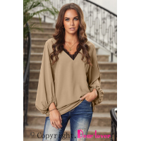 Khaki Lace V Neck Balloon Sleeves Top