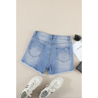 Blue Distressed Mid Rise Frayed Hem Denim Shorts