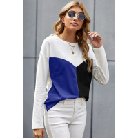 Blue Color Block Splicing O-Neck Blouse