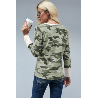 Long Sleeve Cutout V Neck Camo Top