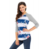 Blue White Bold Stripe Rose Floral Top