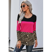 Rose Colorblock Leopard Triple Patchwork Long Sleeve Top