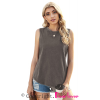 Gray Round Neck Cotton Blend Tank