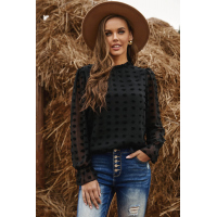 Black Polka Dot Lantern Sleeve Mesh Splicing Blouse