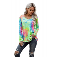 Green Tie-dye V Neck Long Sleeves Top