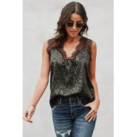 Hazel-green Leopard Print Contrast Lace Tank