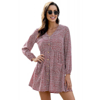 Red Printed V Neck Buttoned Long Sleeve Shirt Dress