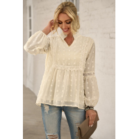 Apricot Ruffled Split Neck Lace Hollow Out Puff Sleeve Polka Dot Blouse