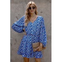 Blue V Neck Lantern Sleeves Floral Tunic Dress