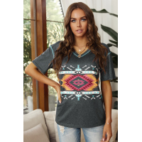 Gray Aztec Geometric Print V Neck Tee