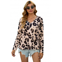 Khaki Casual Leopard Print Long Sleeves T-shirt