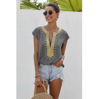 Gray Short Sleeve Printed Neck Shift Blouse