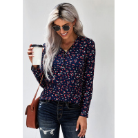 Navy Button V Neck Long Sleeve Floral Top