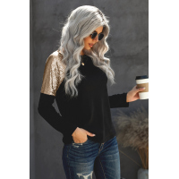 Black Sequin Shoulder Long Sleeve Top