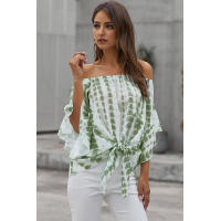 Green Tie Dye Plaid Off Shoulder Blouse