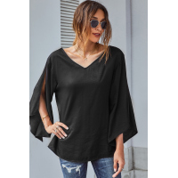 Black V-Neck Bowknot Three-Quarter Sleeve Blouse