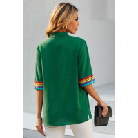 Green Ethnic Colorblock Short Sleeves Top