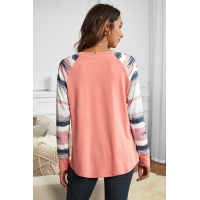 Pink Raglan Long Sleeve Geometric Print Top