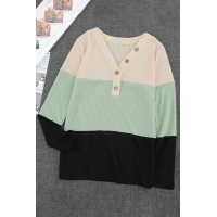 V-neck Color Block Button Waffle Knit Pullover