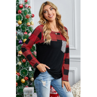 Plaid Print Patchwork Black Long Sleeve Top