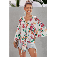 Multicolor Floral Printed Deep V Neck Tie Front Blouse