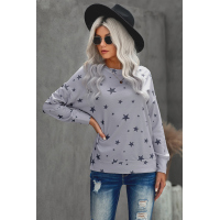 Gray Round Neck Star Print Long Sleeve Top