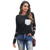 Black Crew Neck Rhinestone Pocket Long Sleeve Top