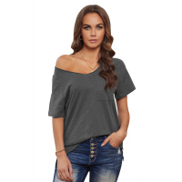 Gray V Neck Short Sleeves Cotton Blend Tee with Front Pocket and Side Slits